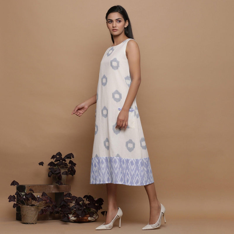 Left View of a Model wearing Ikat Off-White Cotton Shift Dress