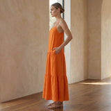 Hot Orange Cotton Poplin Drop-Waist Camisole Maxi Tier Dress