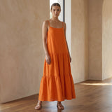 Hot Orange Cotton Poplin Drop-Waist Camisole Maxi Tier Dress