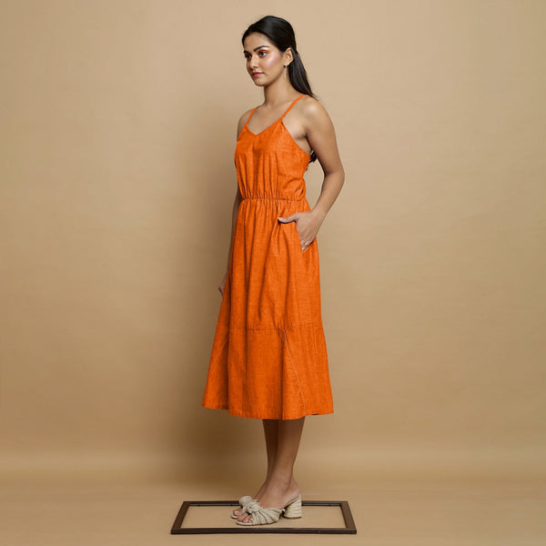 Hot Orange Cotton Poplin Elasticated Midi Cami Dress