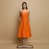 Hot Orange Cotton Poplin Elasticated Midi Cami Dress