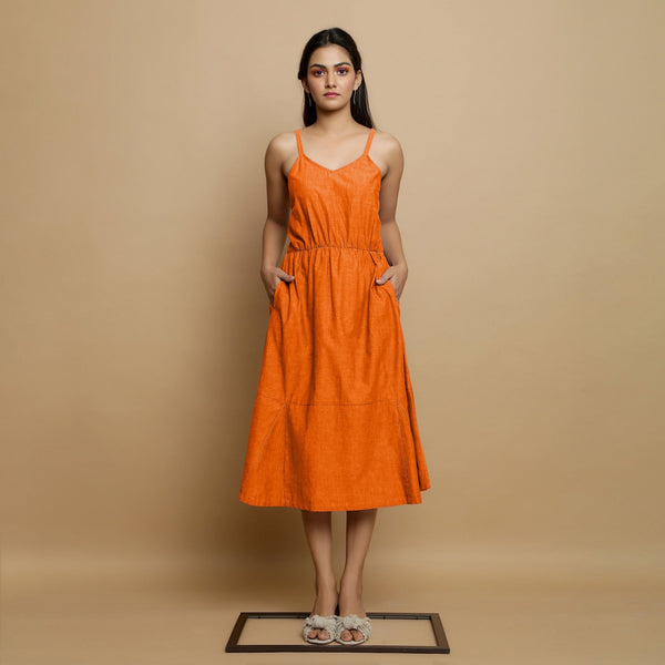 Hot Orange Cotton Poplin Elasticated Midi Cami Dress