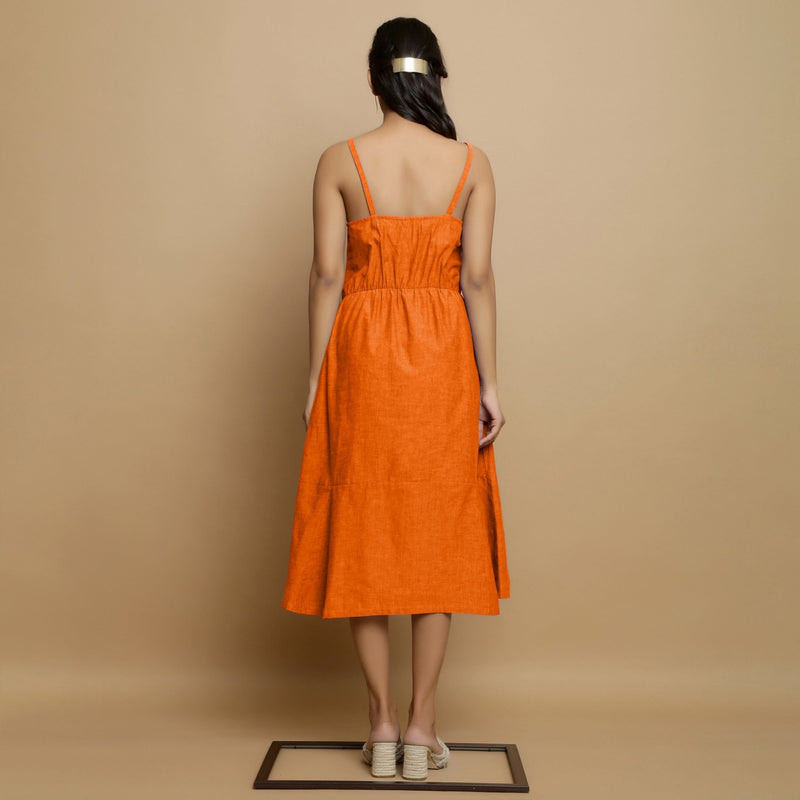 Hot Orange Cotton Poplin Elasticated Midi Cami Dress