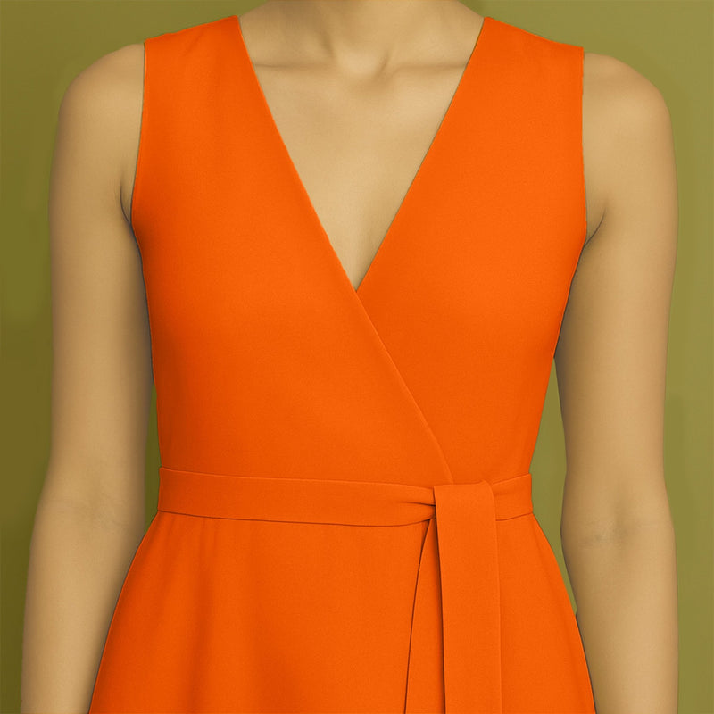 Hot Orange Cotton Poplin Fit and Flare Sleeveless Midi Dress
