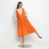 Hot Orange Cotton Poplin Paneled Midi Shift Dress