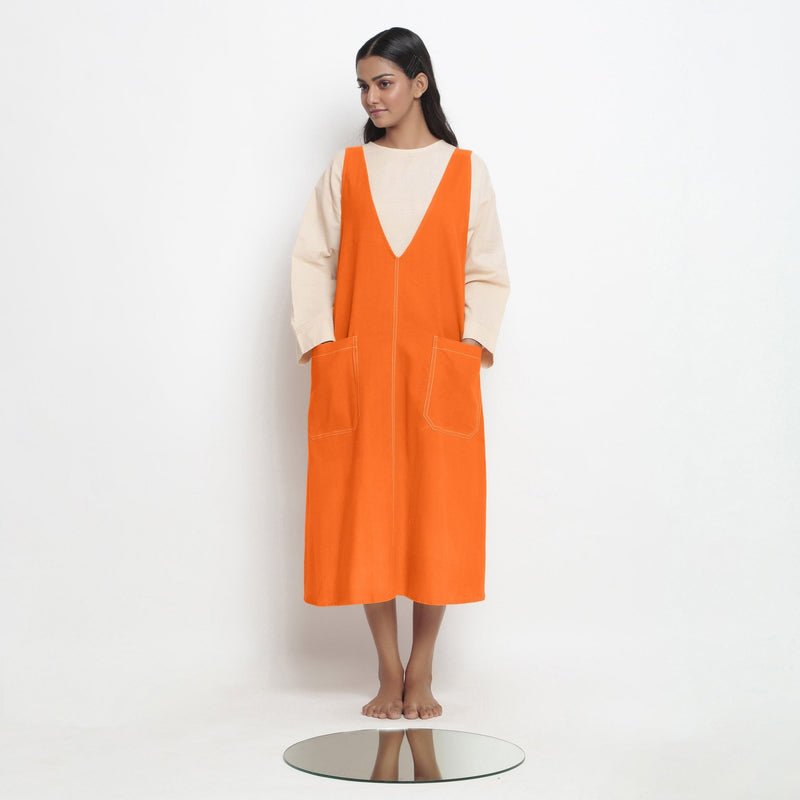 Hot Orange Cotton Poplin Paneled Midi Shift Dress 32" / Custom Height (Free) Hot Orange Cotton Poplin Paneled Midi Shift Dress 32" / Custom Height (Free)