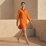 Hot Orange Cotton Poplin Short Button-Down Shirt Dress