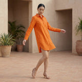 Hot Orange Cotton Poplin Short Button-Down Shirt Dress