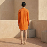 Hot Orange Cotton Poplin Short Button-Down Shirt Dress