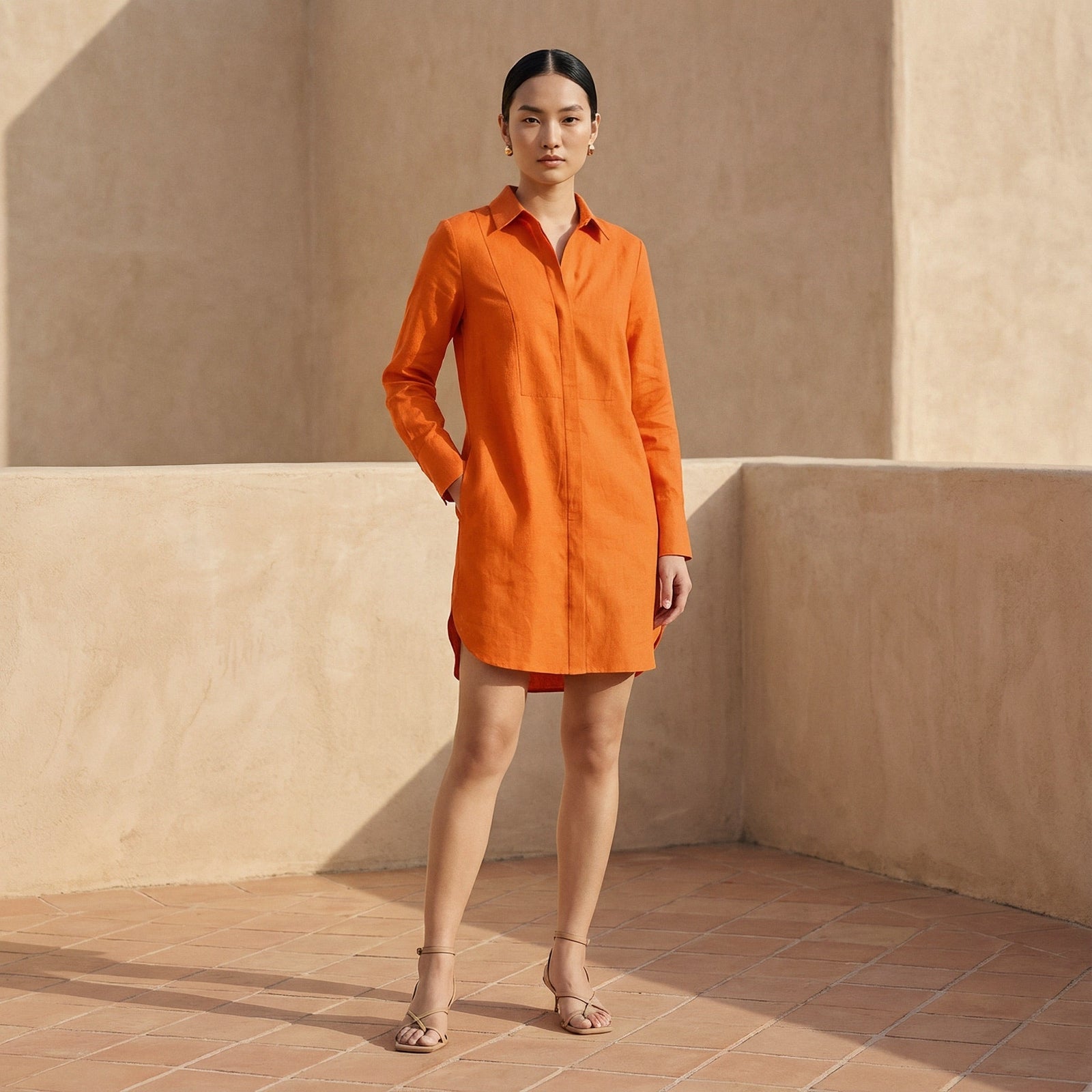 Hot Orange Cotton Poplin Short Button-Down Shirt Dress 66