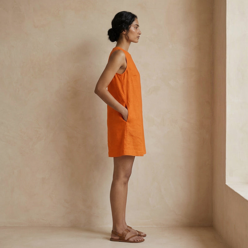 Hot Orange Cotton Poplin Sleeveless A-Line Short Shift Dress 32