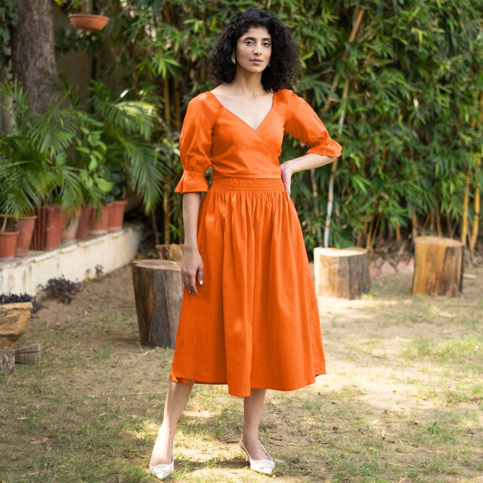 strapless open back dress Hot Orange Cotton Poplin V-Neck Gathered Midi Wrap Dress 30