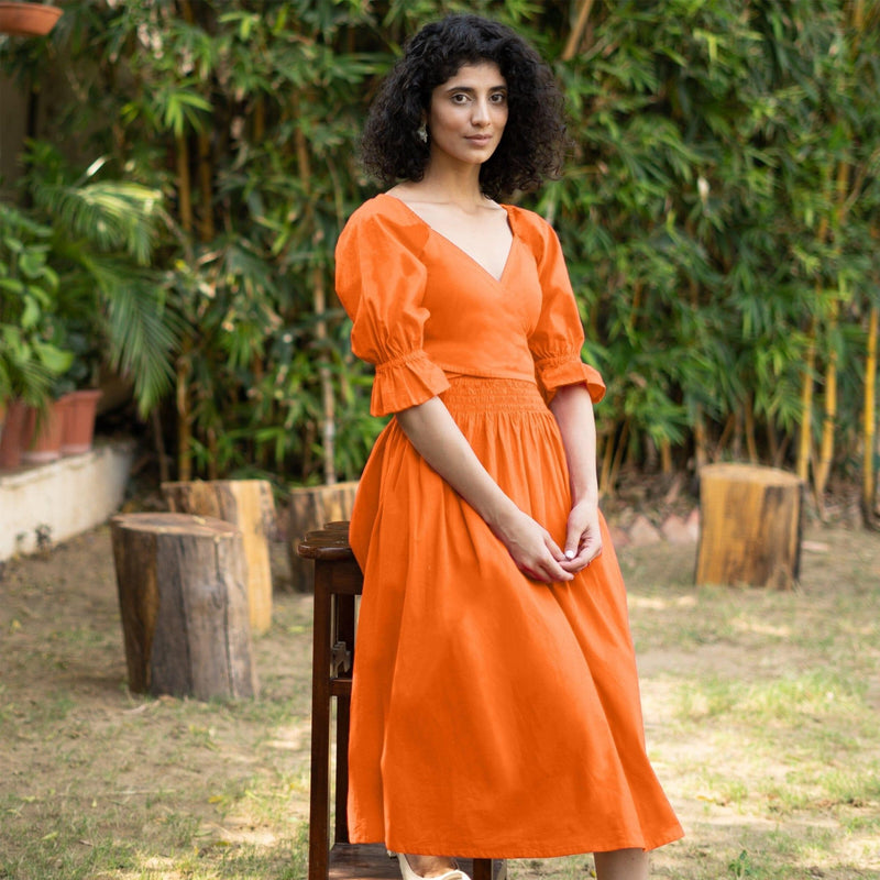 Hot Orange Cotton Poplin V-Neck Gathered Midi Wrap Dress 30" / Custom Height (Free) Hot Orange Cotton Poplin V-Neck Gathered Midi Wrap Dress 30" / Custom Height (Free)