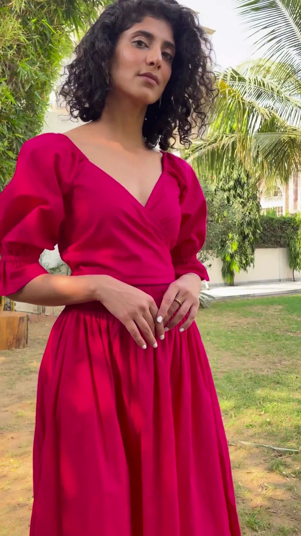 Hot Orange Cotton Poplin V-Neck Gathered Midi Wrap Dress 30