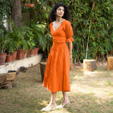 Hot Orange Cotton Poplin V-Neck Gathered Midi Wrap Dress