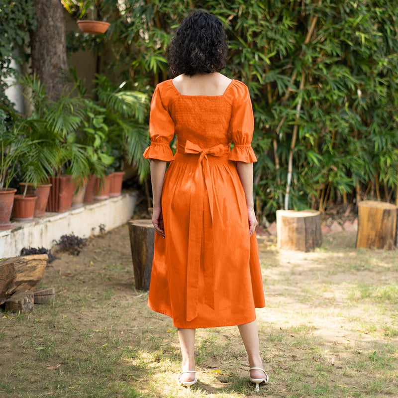 Hot Orange Cotton Poplin V-Neck Gathered Midi Wrap Dress 30" / Custom Height (Free) Hot Orange Cotton Poplin V-Neck Gathered Midi Wrap Dress 30" / Custom Height (Free)