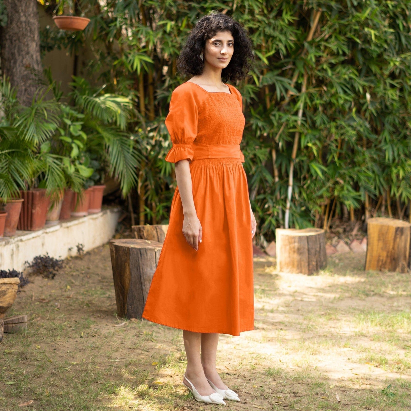 orange work dress Hot Orange Cotton Poplin V-Neck Gathered Midi Wrap Dress 36