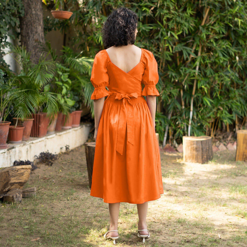 Hot Orange Cotton Poplin V-Neck Gathered Midi Wrap Dress
