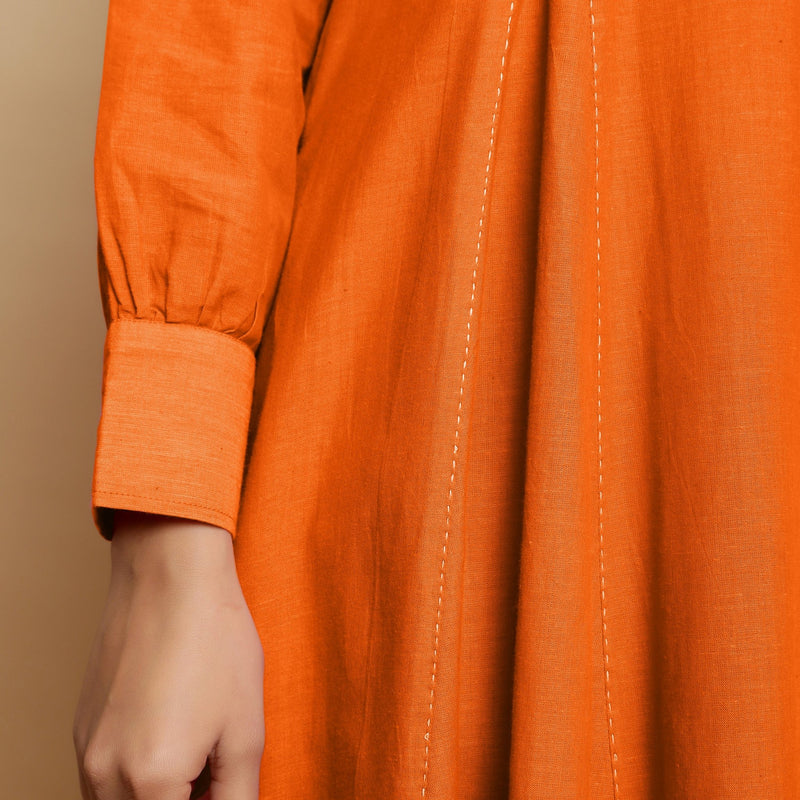 Hot Orange Hand-Embroidered Cotton Poplin Paneled Midi Dress 38" / Custom Height (Free) Hot Orange Hand-Embroidered Cotton Poplin Paneled Midi Dress 38" / Custom Height (Free)