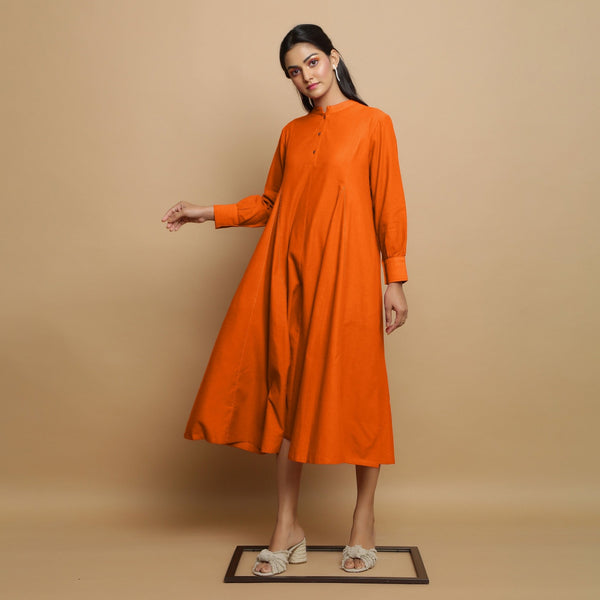 Hot Orange Hand-Embroidered Cotton Poplin Paneled Midi Dress Hot Orange Hand-Embroidered Cotton Poplin Paneled Midi Dress