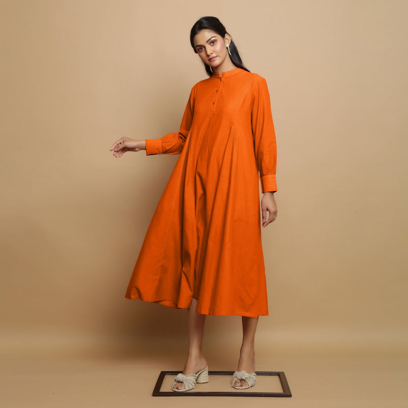 Hot Orange Hand-Embroidered Cotton Poplin Paneled Midi Dress 38" / Custom Height (Free) Hot Orange Hand-Embroidered Cotton Poplin Paneled Midi Dress 38" / Custom Height (Free)