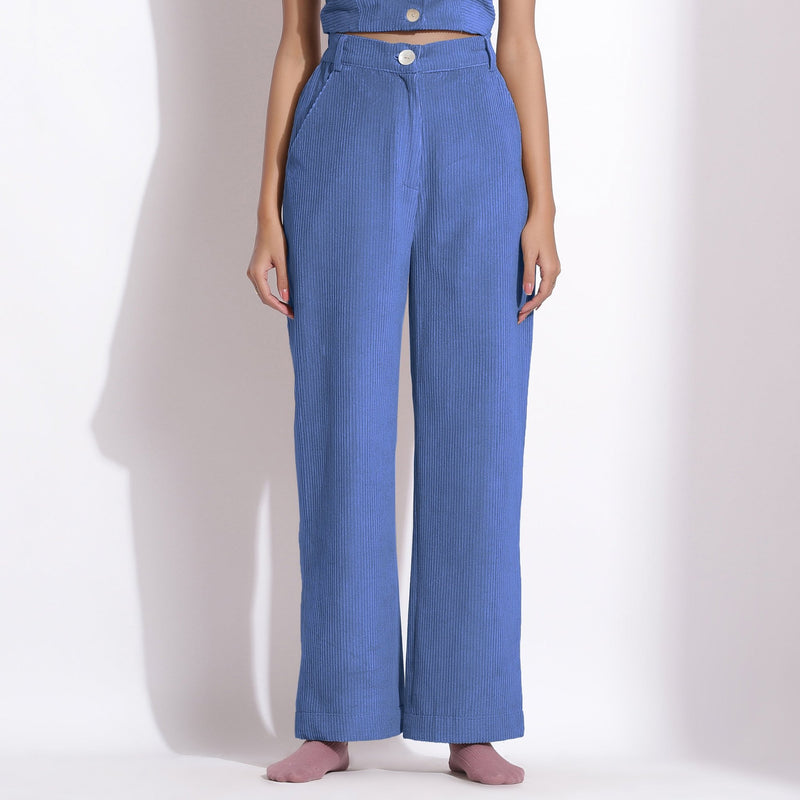 Ice Blue Cotton Corduroy Crop Top and Wide-Leg Pant Co-ord Set