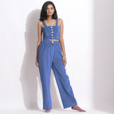 Ice Blue Cotton Corduroy Crop Top and Wide-Leg Pant Co-ord Set