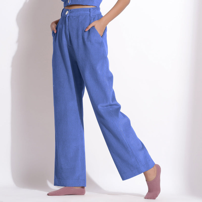 Ice Blue Cotton Corduroy Crop Top and Wide-Leg Pant Co-ord Set