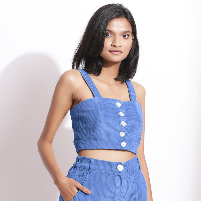 Ice Blue Cotton Corduroy Crop Top and Wide-Leg Pant Co-ord Set