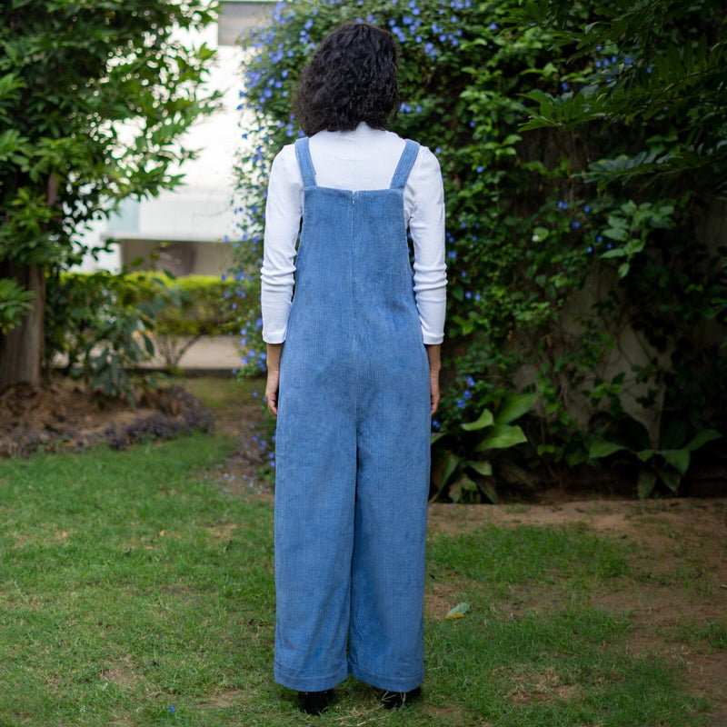 Ice Blue Warm Cotton Corduroy Ankle Length Dungaree