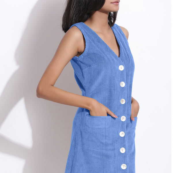 Ice Blue Warm Cotton Corduroy Button-Down Short Dress