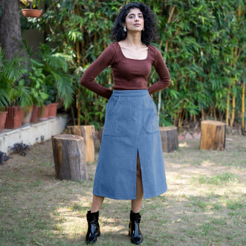 Buy Ice Blue Warm Cotton Corduroy High Rise A Line Midi Slit Skirt Online at SeamsFriendly