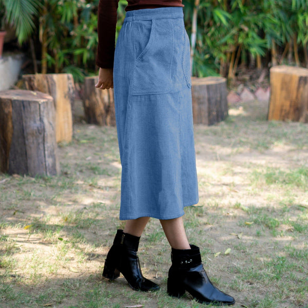 Ice Blue Warm Cotton Corduroy High-Rise A-Line Midi Slit Skirt