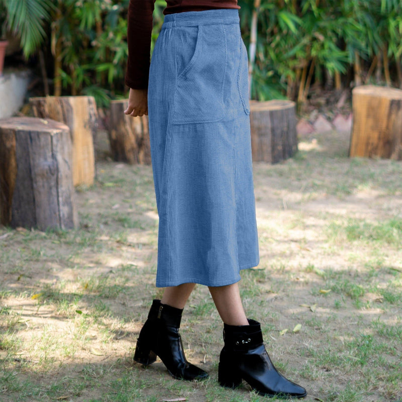 Ice Blue Warm Cotton Corduroy High-Rise A-Line Midi Slit Skirt