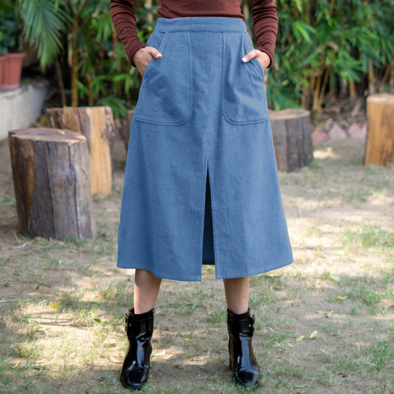 Ice Blue Warm Cotton Corduroy High-Rise A-Line Midi Slit Skirt