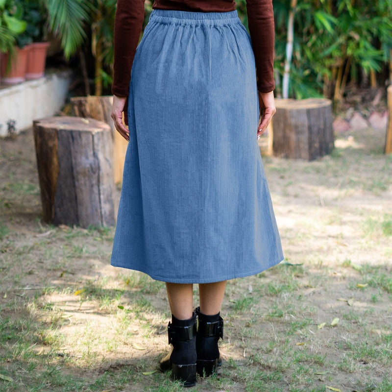 Ice Blue Warm Cotton Corduroy High-Rise A-Line Midi Slit Skirt