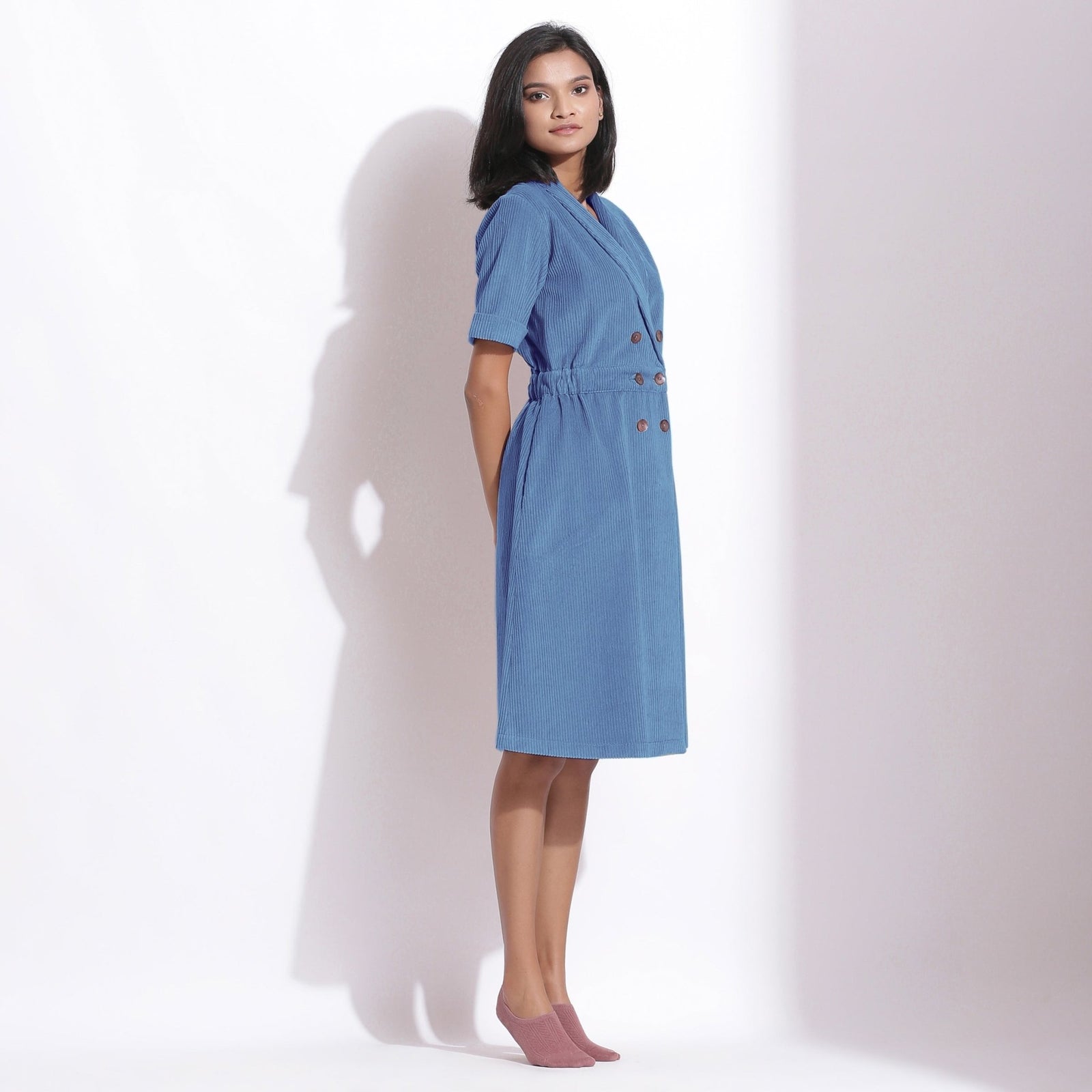 Ice Blue Warm Cotton Corduroy Knee Length Coat Dress 30