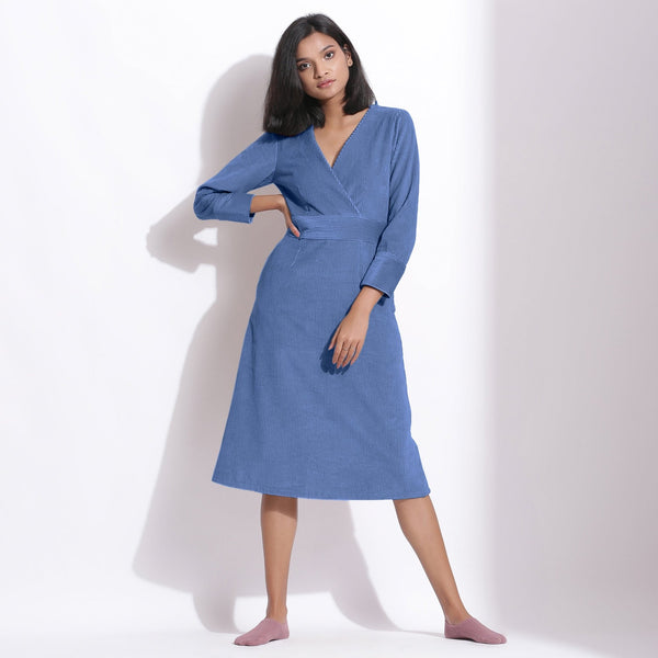 Ice Blue Warm Cotton Corduroy Knee Length Dress 60