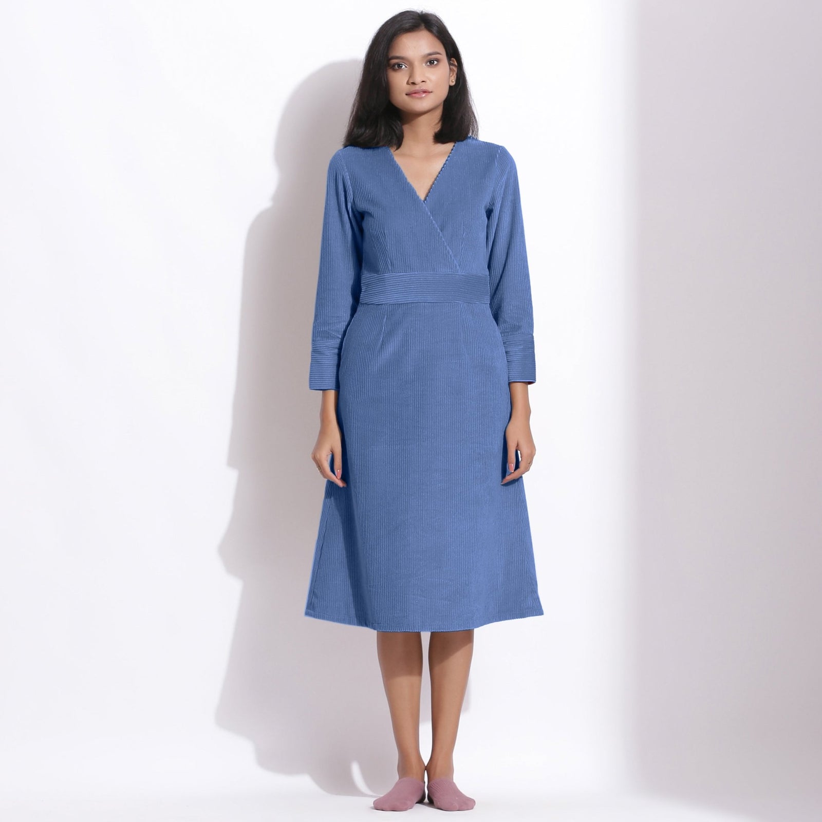 Ice Blue Warm Cotton Corduroy Knee Length Dress 60