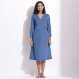 Ice Blue Warm Cotton Corduroy Knee Length Dress