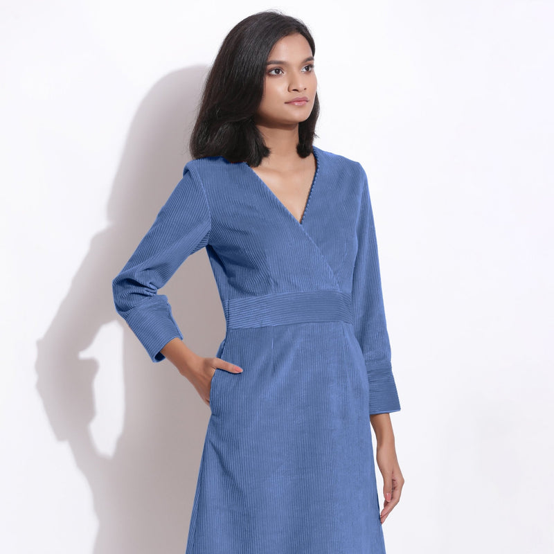 Ice Blue Warm Cotton Corduroy Knee Length Dress