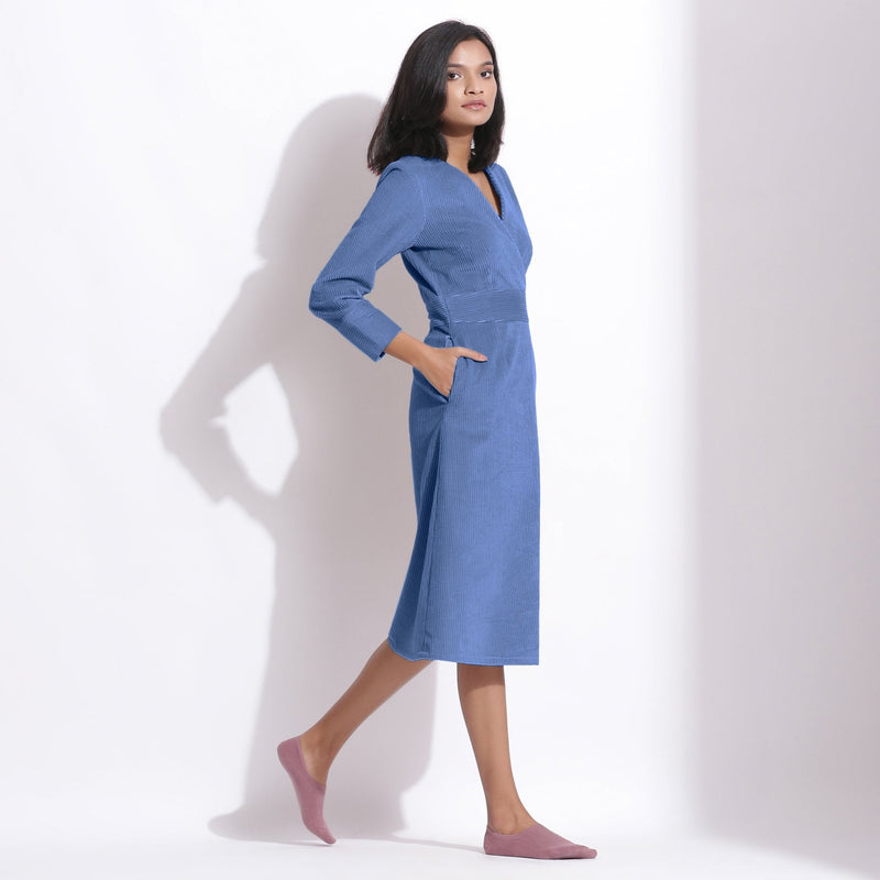 Ice Blue Warm Cotton Corduroy Knee Length Dress