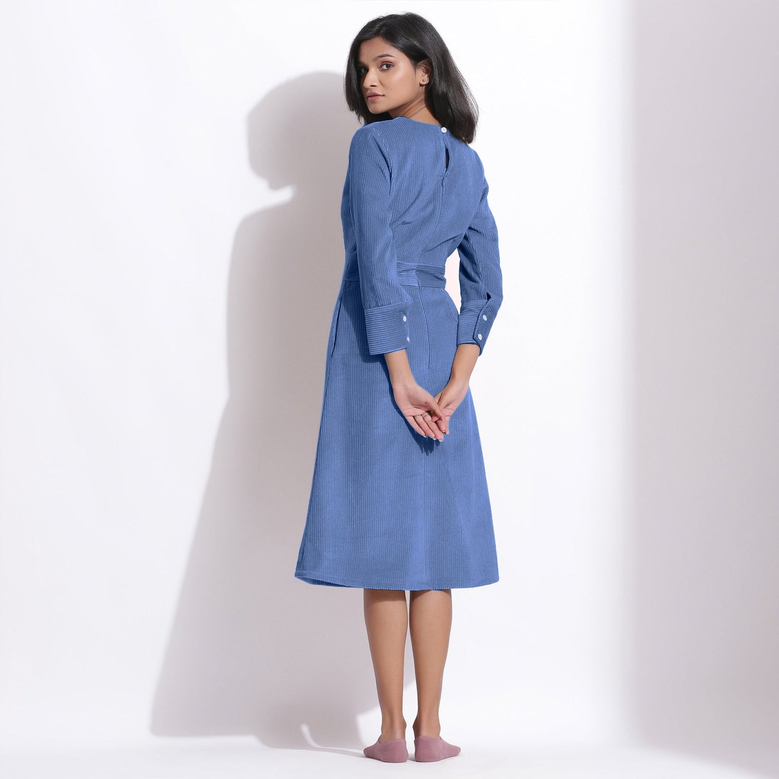 Ice Blue Warm Cotton Corduroy Knee Length Dress 60