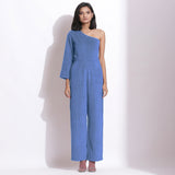 Ice Blue Warm Cotton Corduroy One-Shoulder Jumpsuit