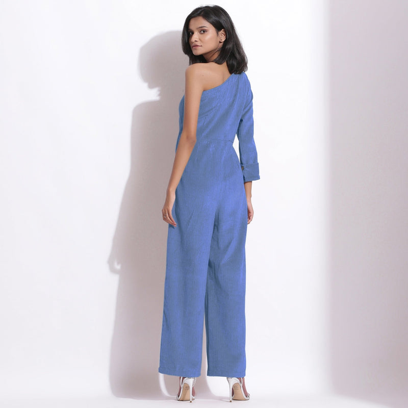 Ice Blue Warm Cotton Corduroy One-Shoulder Jumpsuit