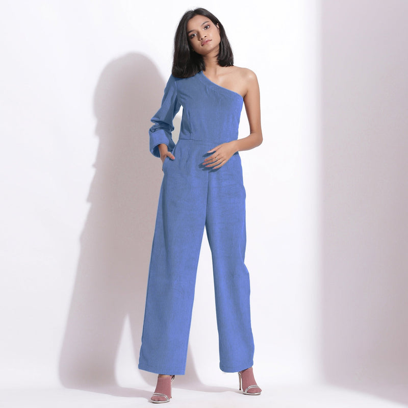 Ice Blue Warm Cotton Corduroy One-Shoulder Jumpsuit