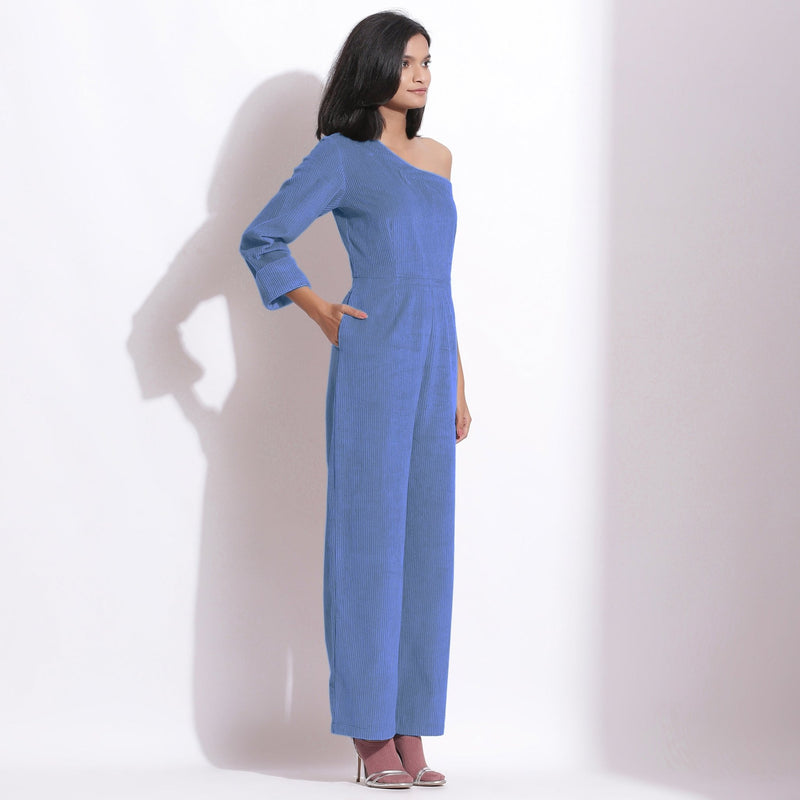 Ice Blue Warm Cotton Corduroy One-Shoulder Jumpsuit