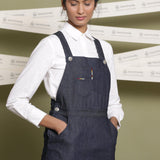 Front Detail of a Model wearing Indigo 100% Cotton Denim Strap Sleeve Dungaree