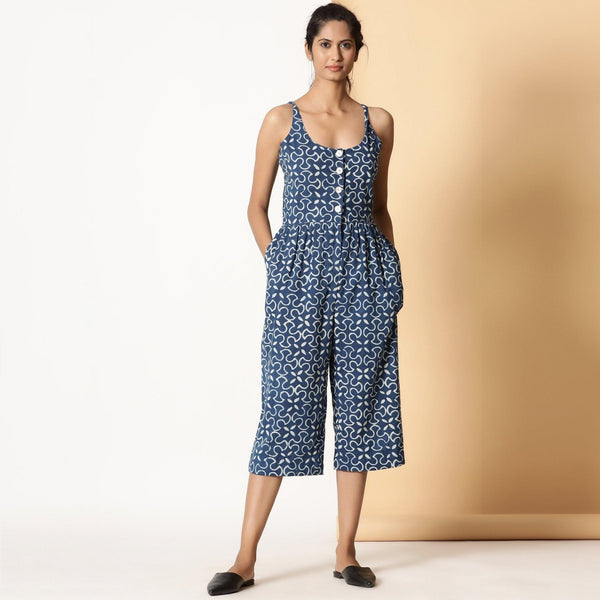 Front View of a Model wearing Indigo Block Print Button-Down Cotton Midi Jumpsuit