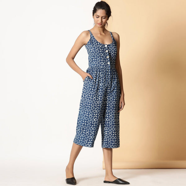 Right View of a Model wearing Indigo Block Print Button-Down Cotton Midi Jumpsuit